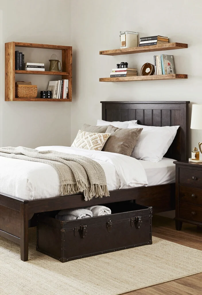 14 Dark Brown Bed Frame Farmhouse Bedroom Ideas With Rustic Warmth - 13. Functional Storage Solutions