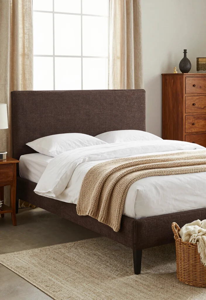 14 Dark Brown Bed Frame Farmhouse Bedroom Ideas With Rustic Warmth - 2. Rustic Elegance with Layered Textures