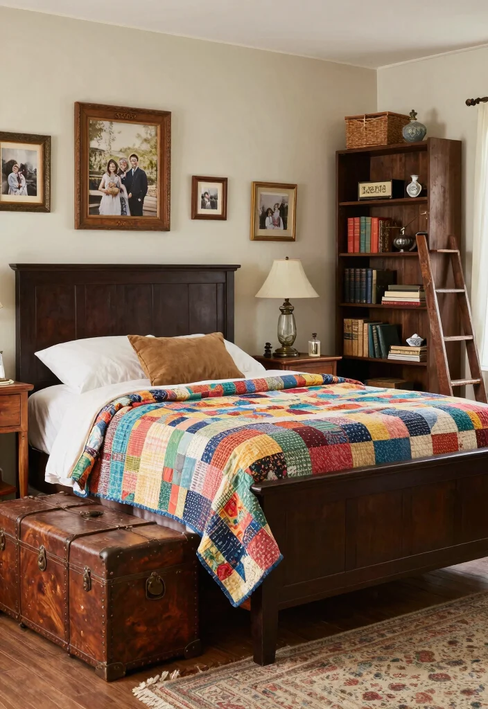 14 Dark Brown Bed Frame Farmhouse Bedroom Ideas With Rustic Warmth - 4. Vintage Farmhouse Charm
