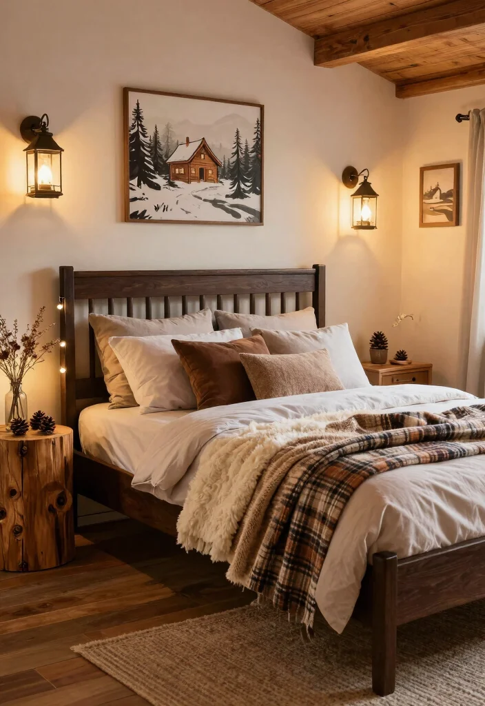 14 Dark Brown Bed Frame Farmhouse Bedroom Ideas With Rustic Warmth - 6. Cozy Cabin Retreat Feel