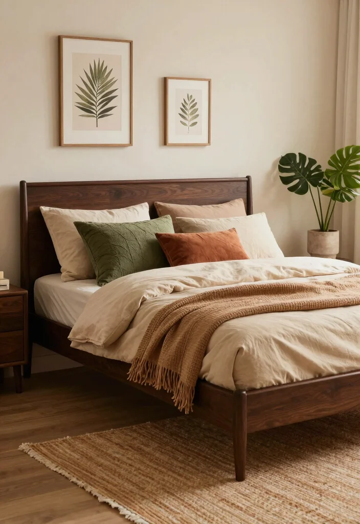 14 Dark Brown Bed Frame Farmhouse Bedroom Ideas With Rustic Warmth - 7. Earthy Color Palettes and Soft Textures