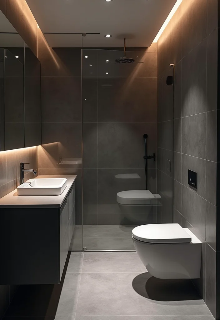 14 Dark Grey Tile Bathroom Ideas for Modern Homes - 11. Integrated Technology
