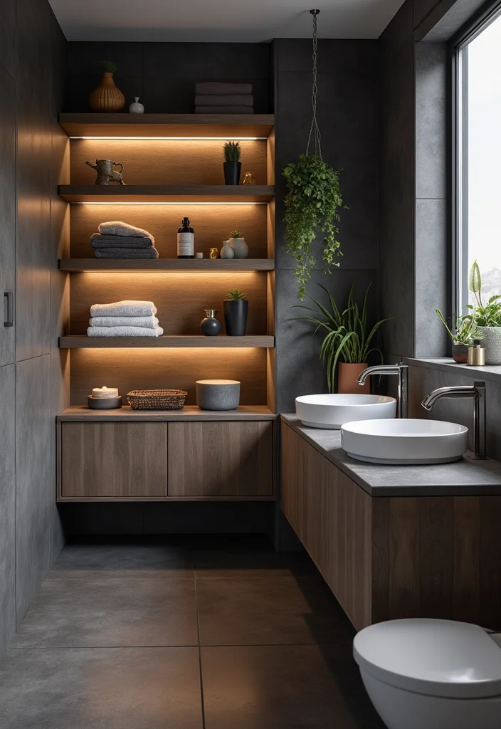 14 Dark Grey Tile Bathroom Ideas for Modern Homes - 12. Open Shelving