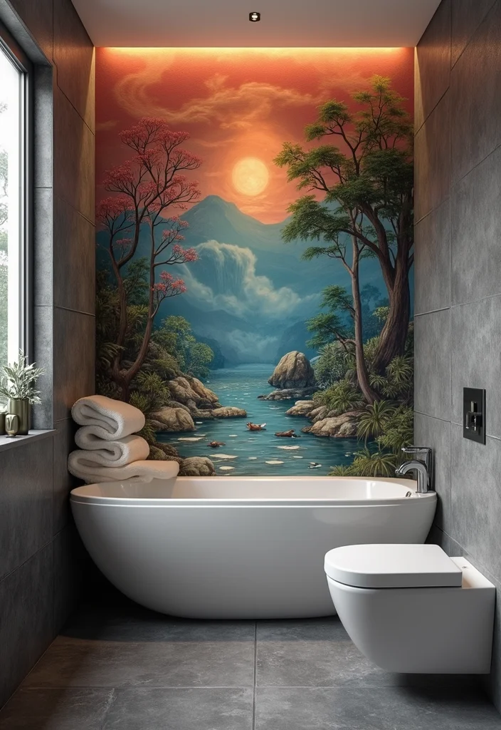 14 Dark Grey Tile Bathroom Ideas for Modern Homes - 13. Artistic Wall Murals