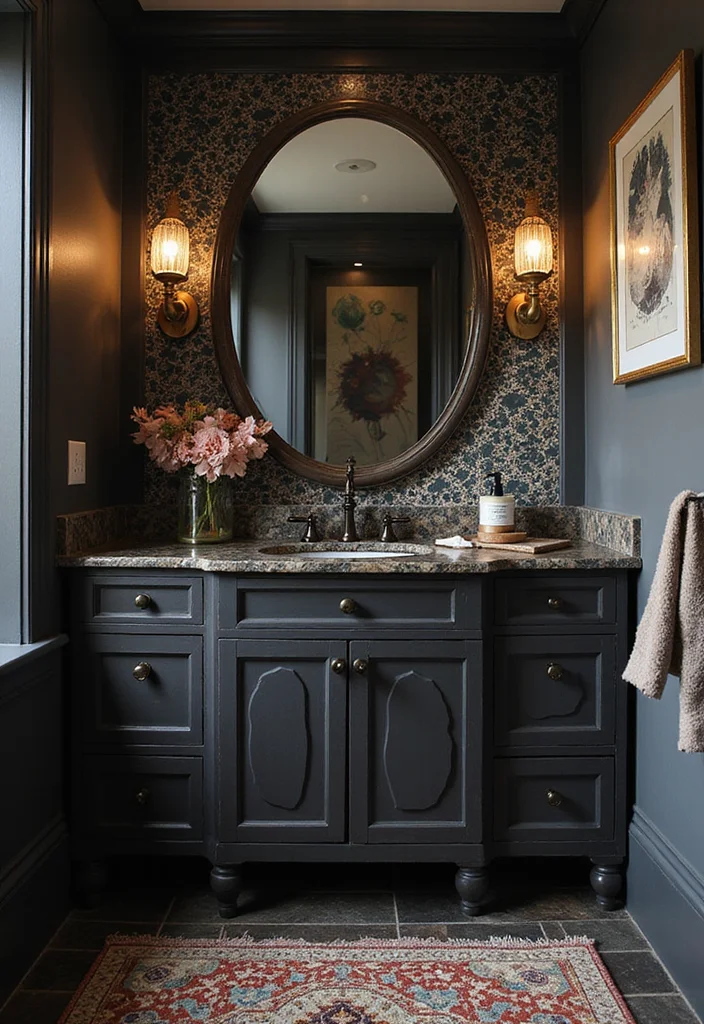 14 Dark Vanity Bathroom Ideas With Drama - 10. Artistic Touches