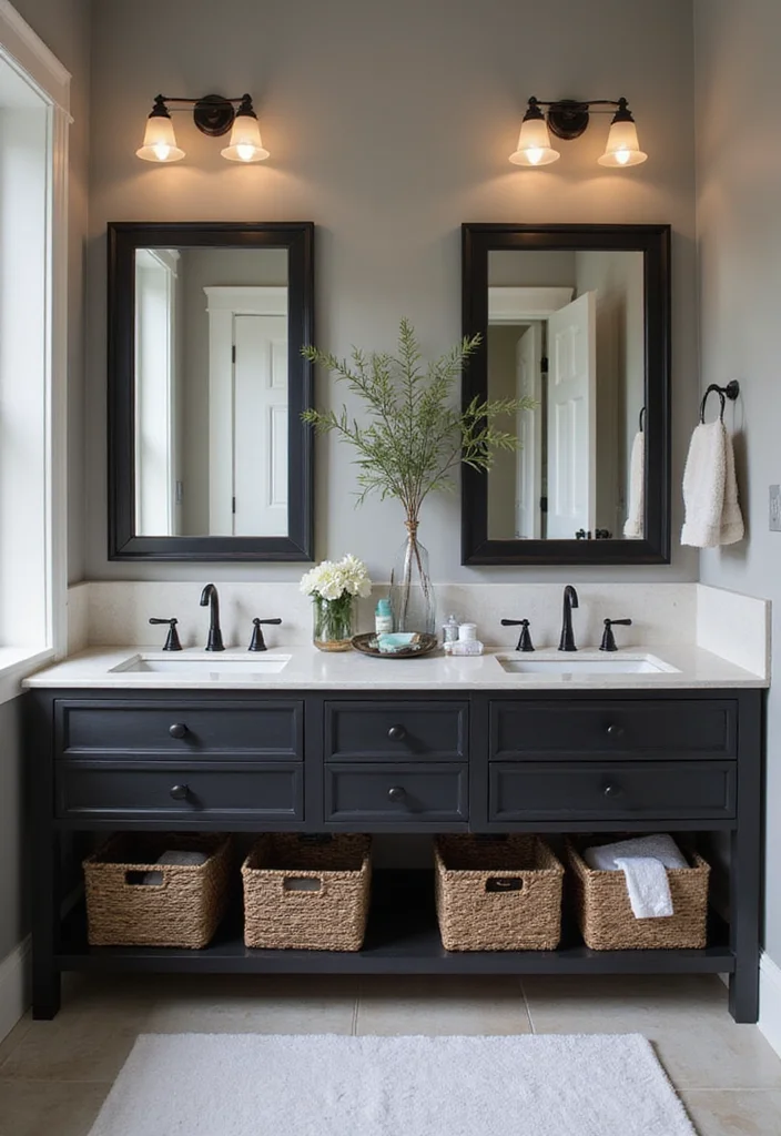 14 Dark Vanity Bathroom Ideas With Drama - 11. Smart Storage Solutions
