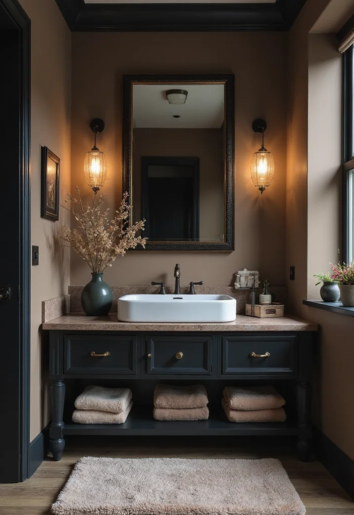 14 Dark Vanity Bathroom Ideas With Drama - 12. Soft Textile Accents