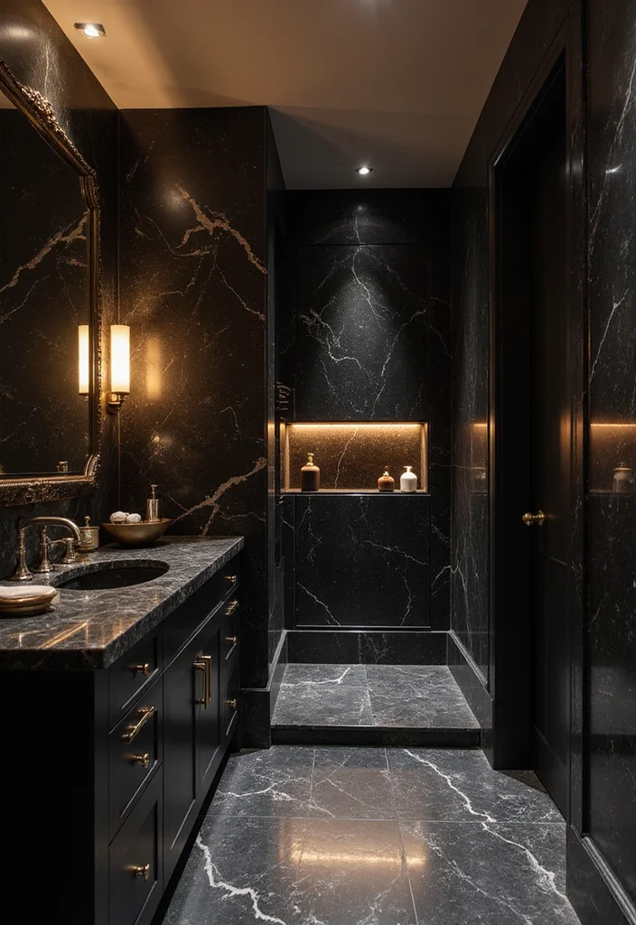 14 Dark Vanity Bathroom Ideas With Drama - 3. Luxe Black Marble