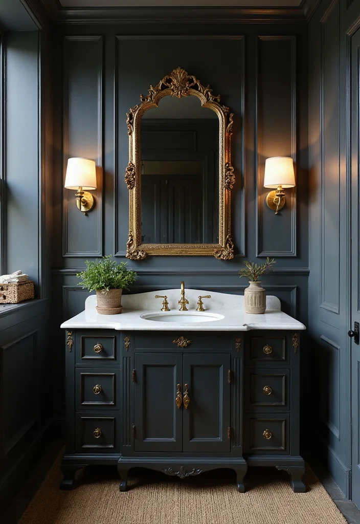 14 Dark Vanity Bathroom Ideas With Drama - 4. Vintage Glamour