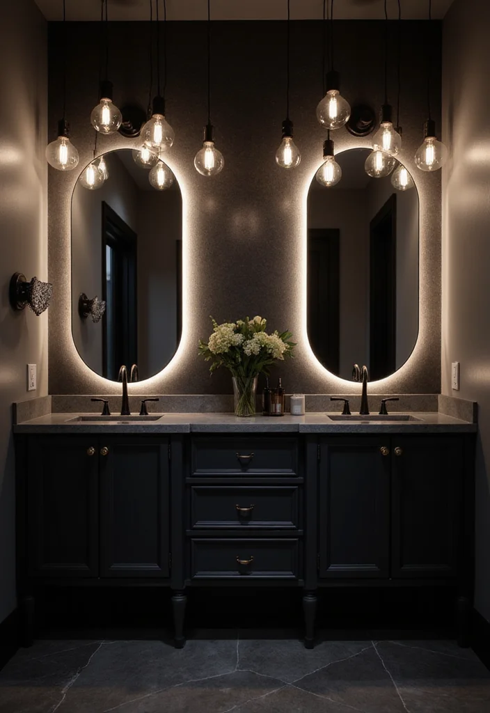 14 Dark Vanity Bathroom Ideas With Drama - 5. Dramatic Lighting Ideas