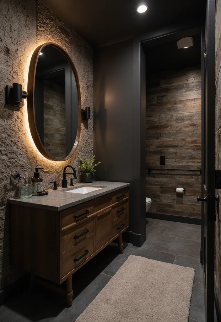 14 Dark Vanity Bathroom Ideas With Drama - 7. Textured Walls