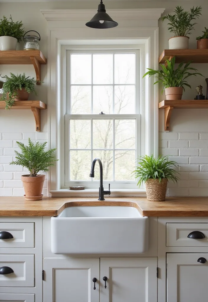 14 Farmhouse Bathroom Sink Ideas With Country Style - 11. Farmhouse Sink with Open Shelving