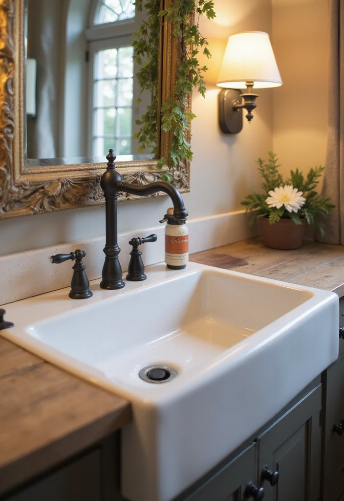 14 Farmhouse Bathroom Sink Ideas With Country Style - 7. Farmhouse Sink with Vintage Taps