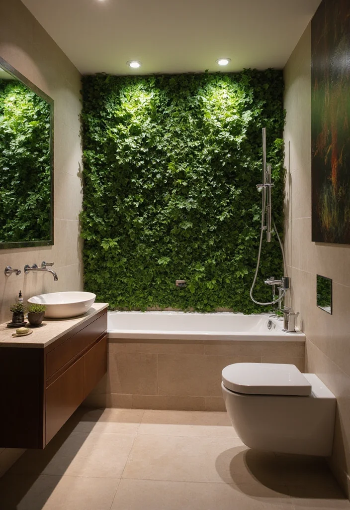 14 Green Wall Bathroom Ideas That Feel Natural - 11. Green Wall with LED Lighting