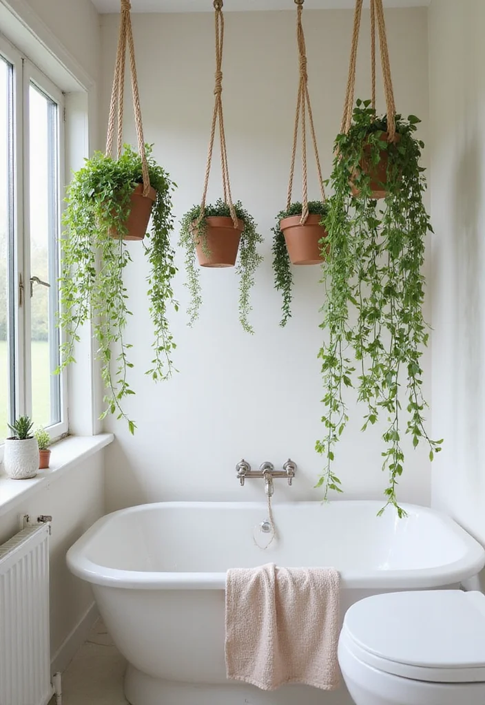 14 Green Wall Bathroom Ideas That Feel Natural - 2. Hanging Planters