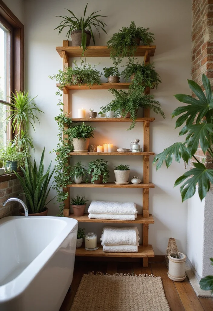 14 Green Wall Bathroom Ideas That Feel Natural - 3. Shelving with Indoor Plants