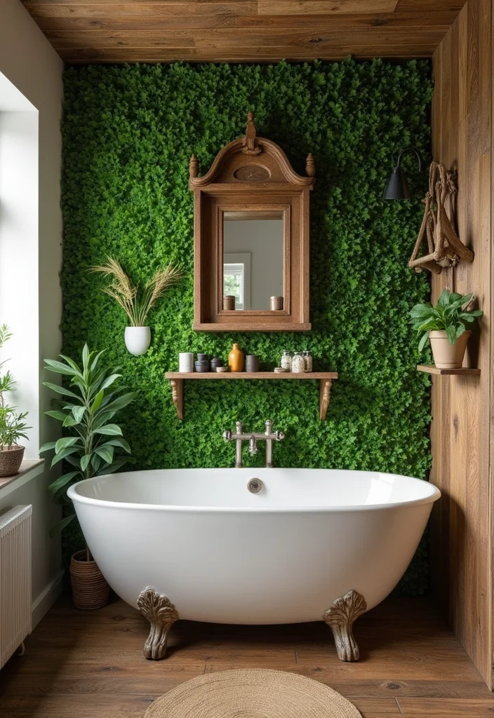 14 Green Wall Bathroom Ideas That Feel Natural - 7. Green Wall with Reclaimed Wood