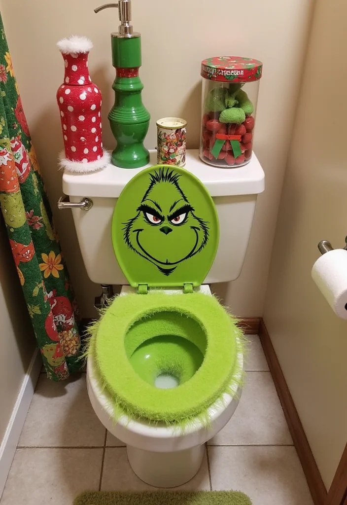 14 Grinch Bathroom Decor Ideas for Holiday Fun - 10. Grinch Toilet Seat Cover