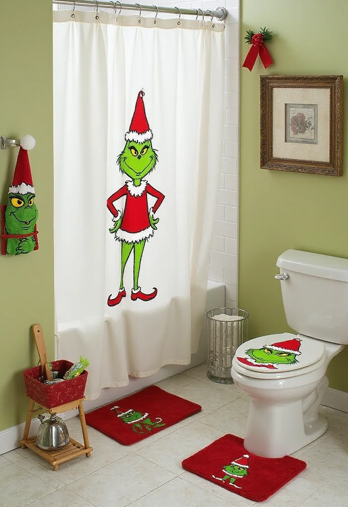 14 Grinch Bathroom Decor Ideas for Holiday Fun - 13. Grinch-Themed Shower Curtain Accessories