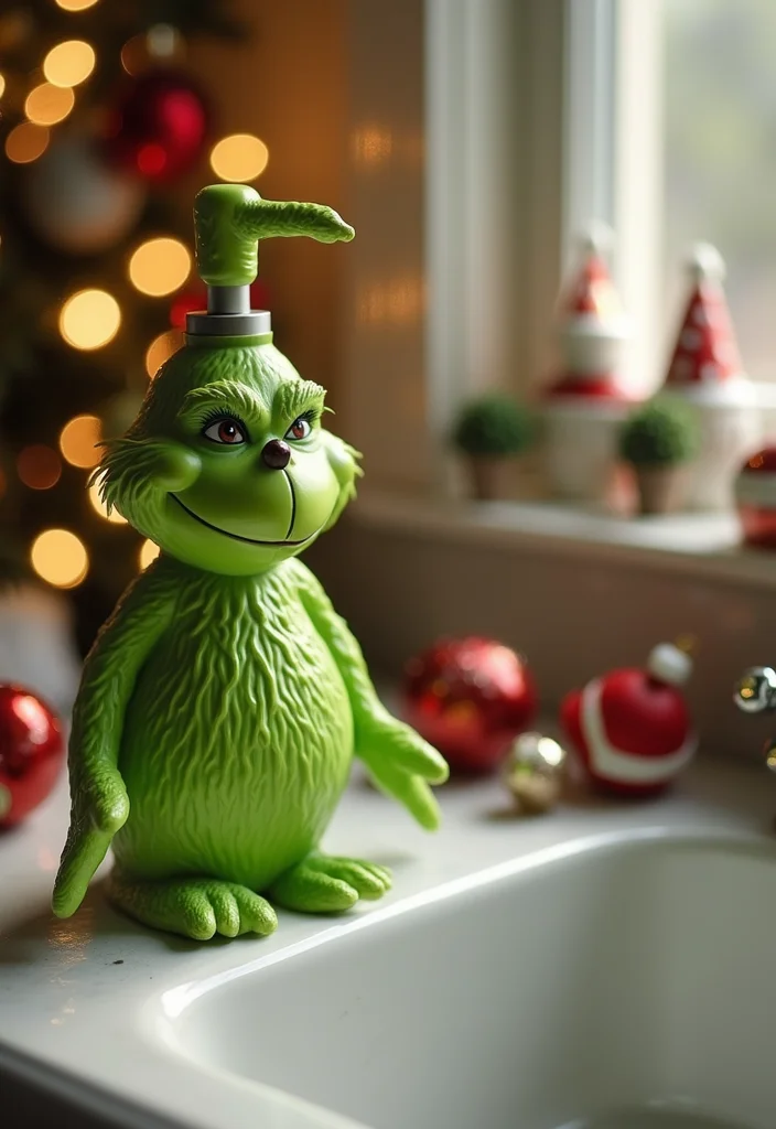 14 Grinch Bathroom Decor Ideas for Holiday Fun - 4. Playful Soap Dispenser