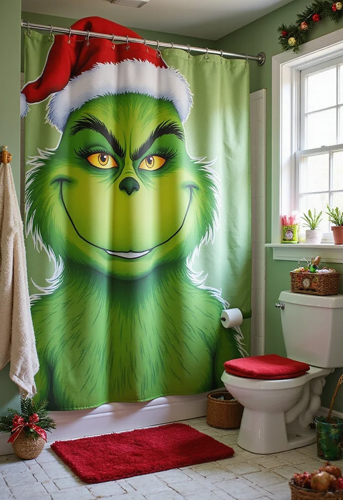 14 Grinch Bathroom Decor Ideas for Holiday Fun - 6. Festive Shower Curtain Hooks