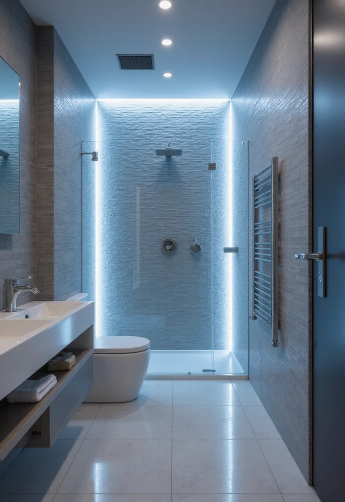 14 Metro Tile Bathroom Designs With Urban Style - 11. Integrated Lighting with Tiles