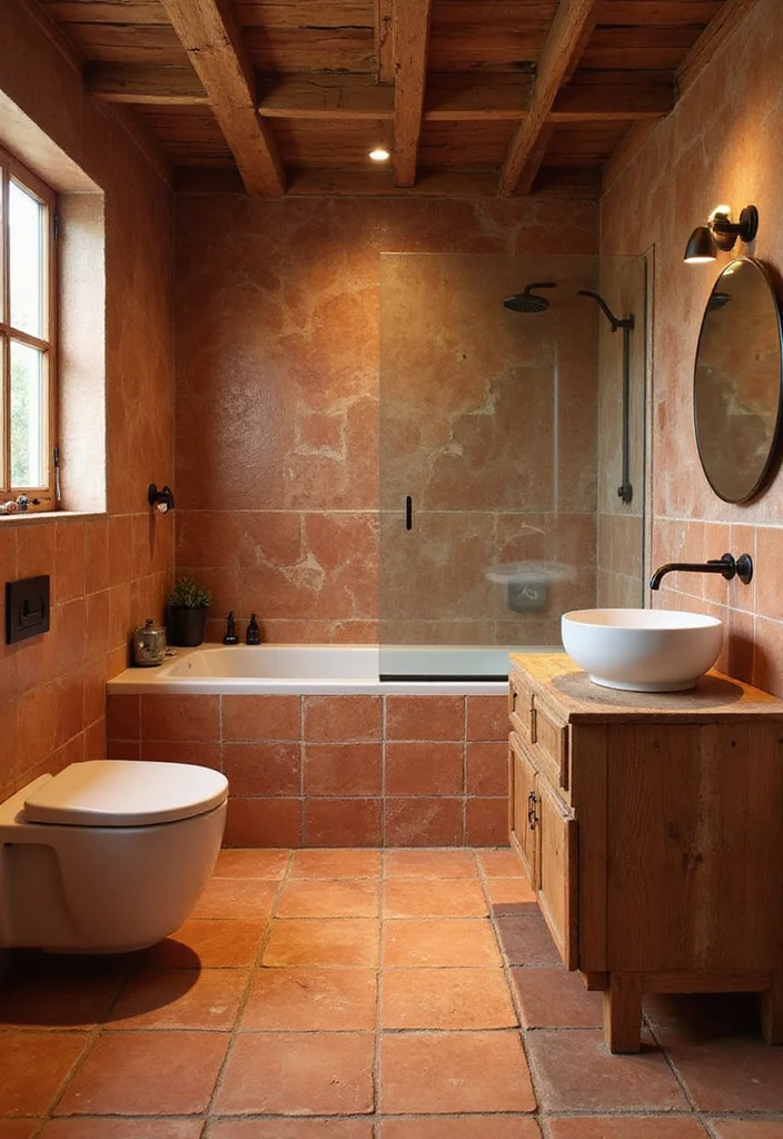 14 Mexican Tile Bathroom Ideas Full of Color - 5. Rustic Terracotta Tiles
