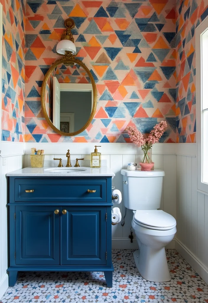 14 Navy Blue Bathroom Vanity Ideas for Bold Style - 10. Navy Blue with Geometric Patterns