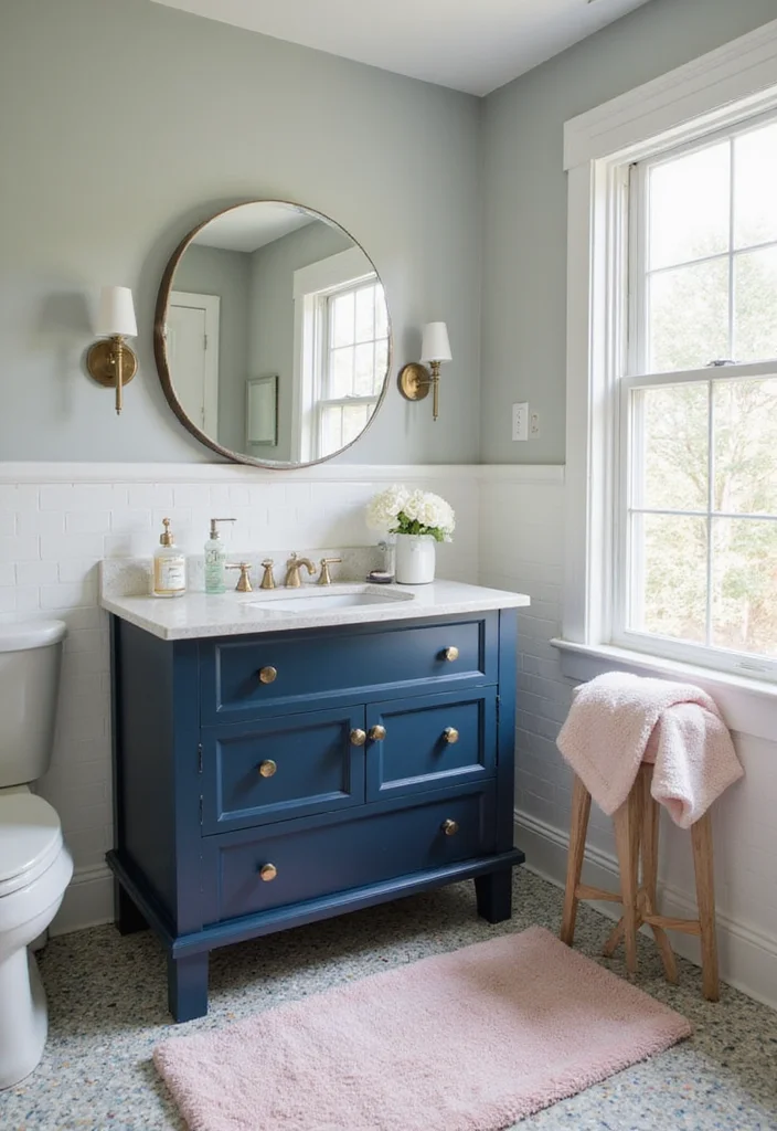 14 Navy Blue Bathroom Vanity Ideas for Bold Style - 11. Navy Blue with Soft Pastels