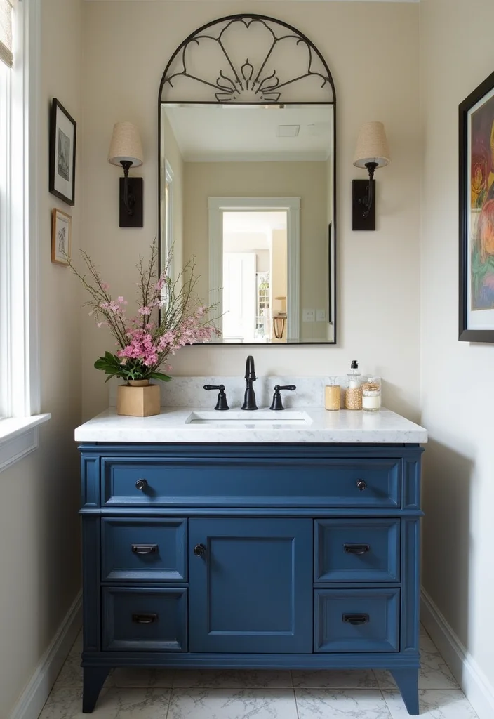 14 Navy Blue Bathroom Vanity Ideas for Bold Style - 12. Artful Navy Accent