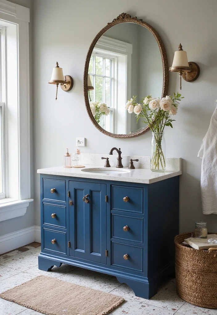 14 Navy Blue Bathroom Vanity Ideas for Bold Style - 14. Vintage-inspired Navy with Floral Touches