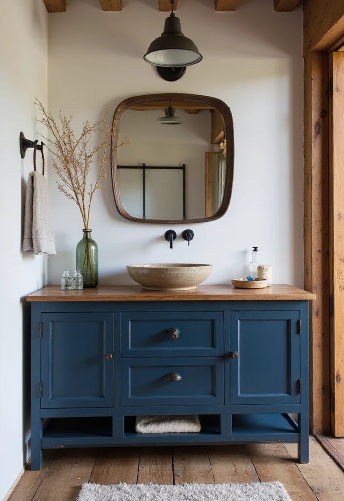 14 Navy Blue Bathroom Vanity Ideas for Bold Style - 2. Rustic Navy and Wood Combo