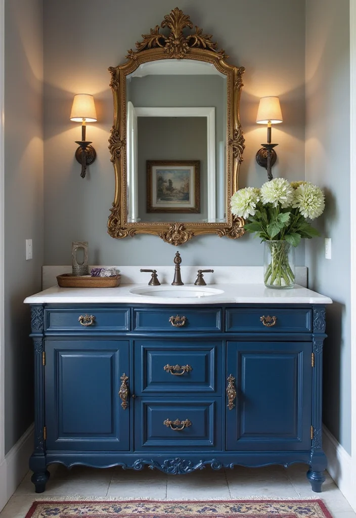 14 Navy Blue Bathroom Vanity Ideas for Bold Style - 4. Vintage Navy Charm