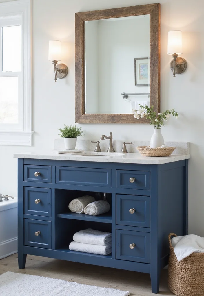 14 Navy Blue Bathroom Vanity Ideas for Bold Style - 5. Coastal Navy Retreat