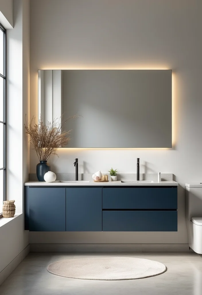 14 Navy Blue Bathroom Vanity Ideas for Bold Style - 6. Minimalist Navy Elegance