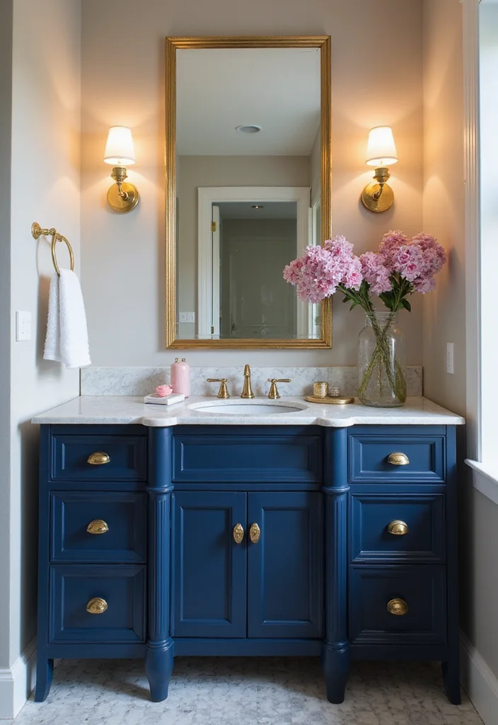 14 Navy Blue Bathroom Vanity Ideas for Bold Style - 7. Glamorous Navy with Gold Accents