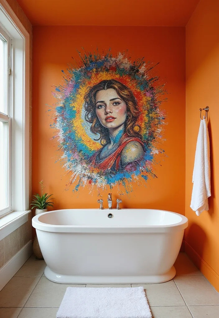 14 Orange Bathroom Wall Ideas for Warmth - 14. Artistic Flair: Murals and Wall Art
