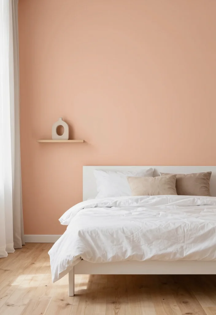 14 Peach Colour Minimalist Bedroom Ideas With Soft Calm - 1. Soft Peach Accent Wall