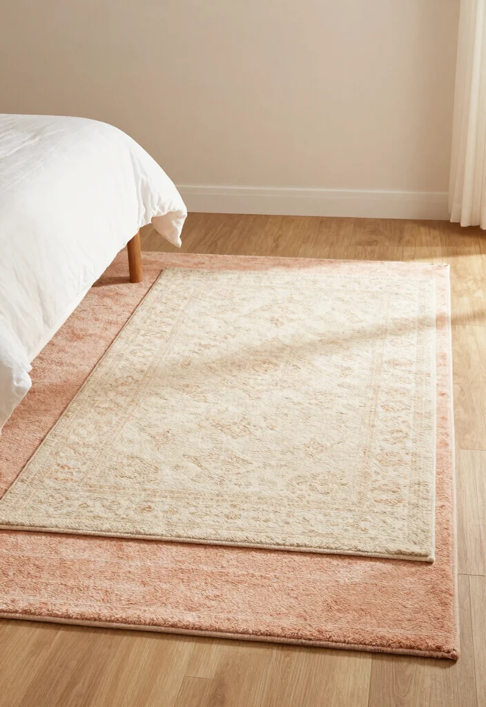 14 Peach Colour Minimalist Bedroom Ideas With Soft Calm - 10. Layered Rugs in Peach and Cream