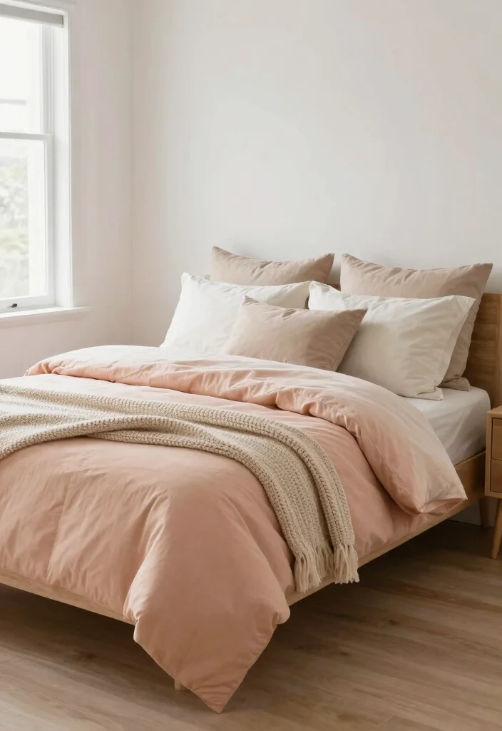 14 Peach Colour Minimalist Bedroom Ideas With Soft Calm - 2. Peach Bedding with Neutral Accents