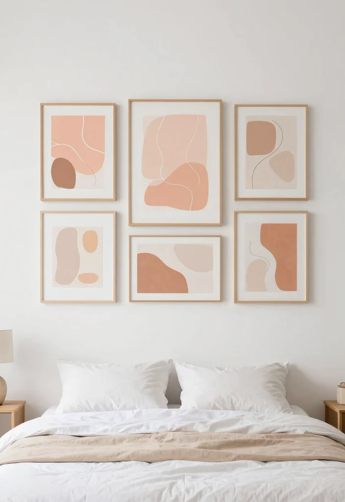 14 Peach Colour Minimalist Bedroom Ideas With Soft Calm - 3. Minimalist Artwork in Peach Tones