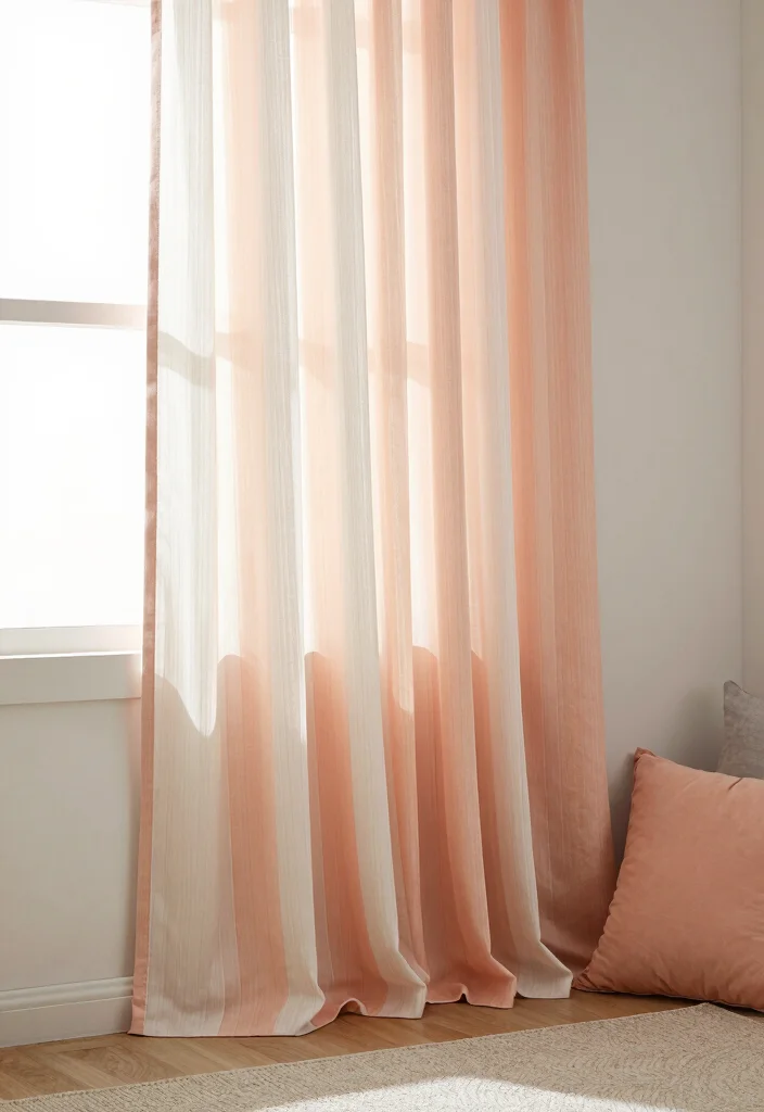 14 Peach Colour Minimalist Bedroom Ideas With Soft Calm - 4. Peach and White Striped Curtains