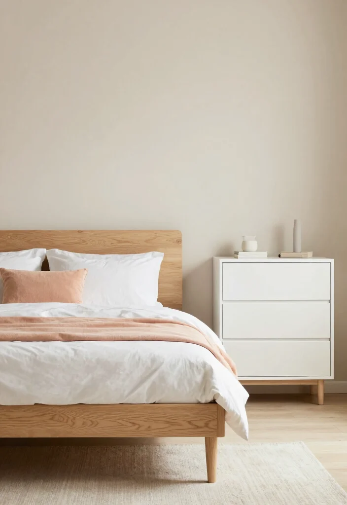 14 Peach Colour Minimalist Bedroom Ideas With Soft Calm - 6. Neutral Furniture with Peach Accents