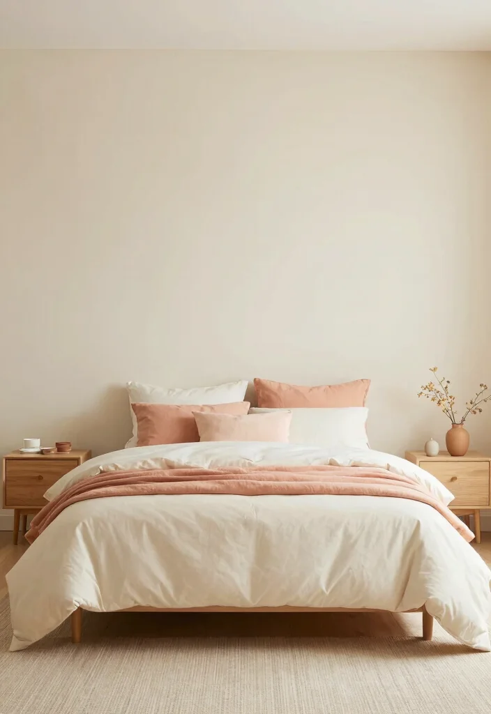 14 Peach Colour Minimalist Bedroom Ideas With Soft Calm - 7. Peach-Cream Color Combination