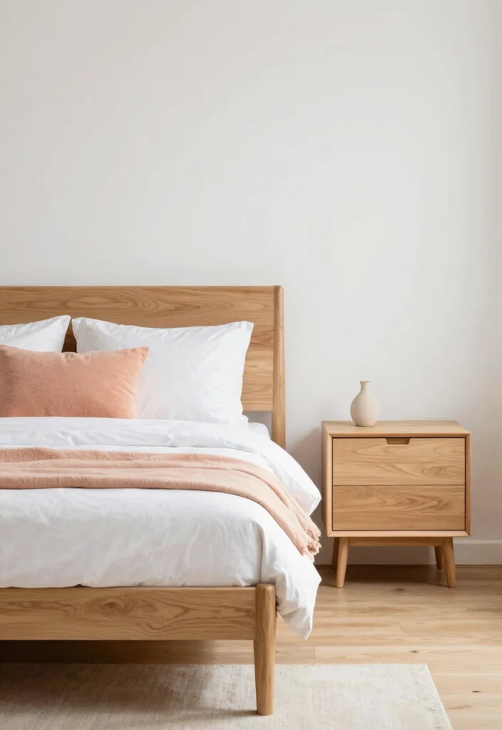 14 Peach Colour Minimalist Bedroom Ideas With Soft Calm - 8. Natural Wood Accents with Peach