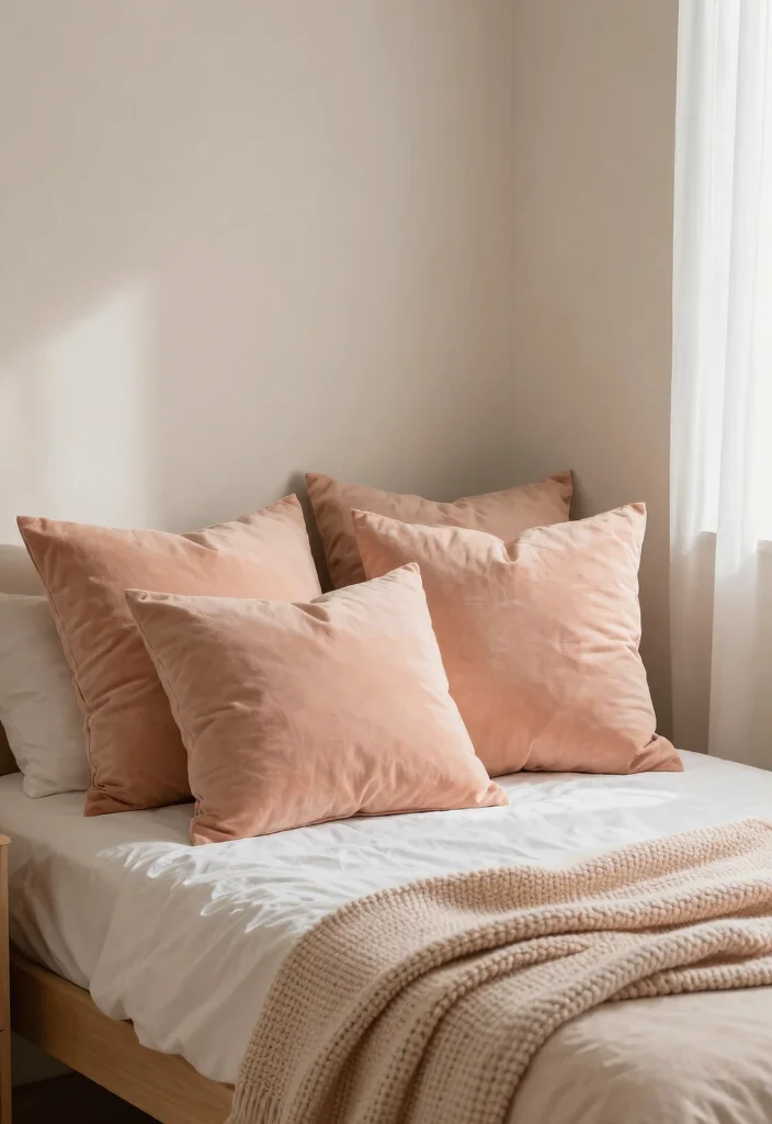 14 Peach Colour Minimalist Bedroom Ideas With Soft Calm - 9. Peach Tones in Soft Furnishings
