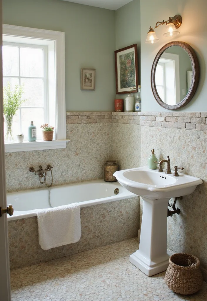 14 Penny Tile Bathroom Floor Ideas That Impress - 10. Vintage-Inspired Color Palettes
