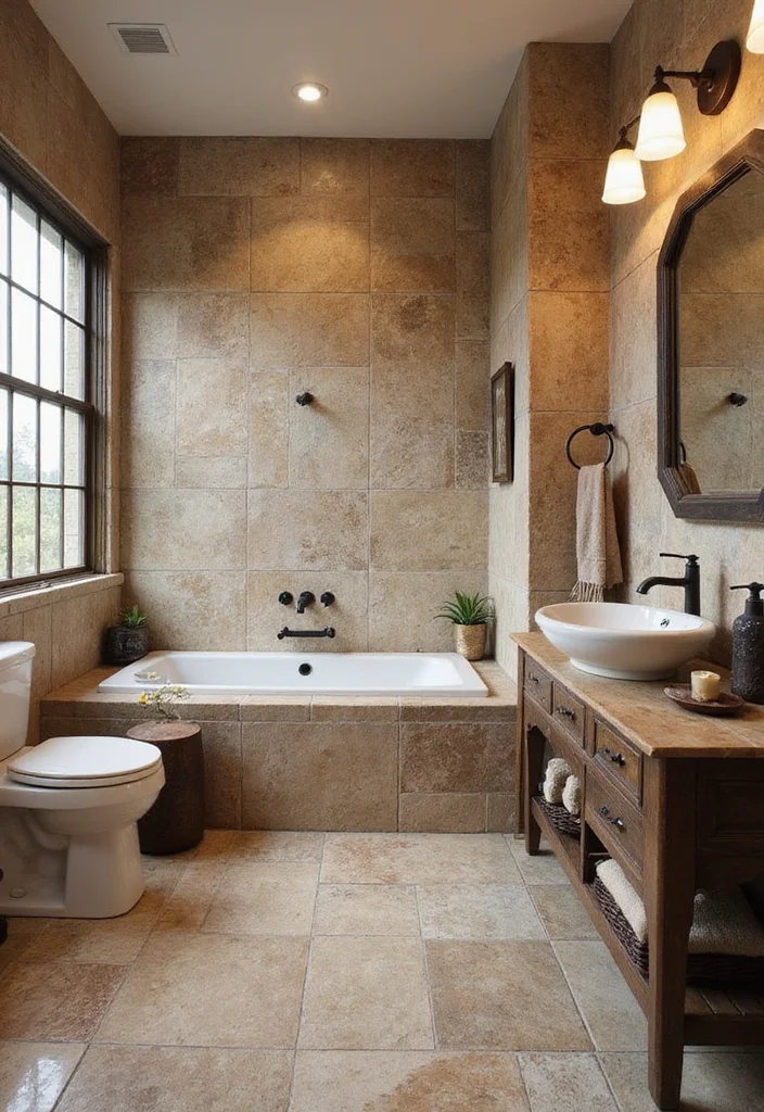 14 Penny Tile Bathroom Floor Ideas That Impress - 13. Natural Stone-Look Penny Tiles