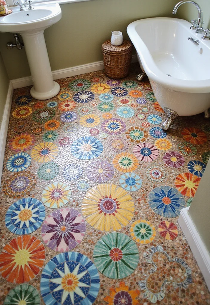 14 Penny Tile Bathroom Floor Ideas That Impress - 2. Colorful Mosaic Patterns