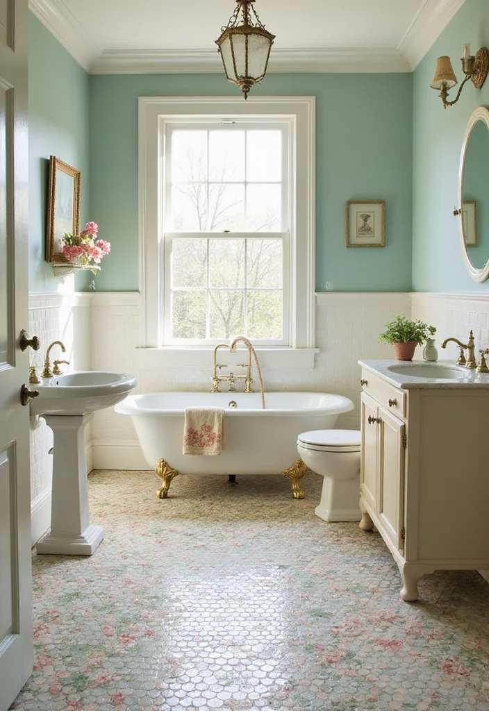 14 Penny Tile Bathroom Floor Ideas That Impress - 3. Vintage Floral Motifs